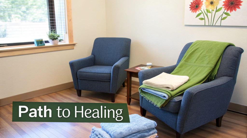 Cozy therapy room with blue armchairs, soft blankets, and a window, ideal for grief and loss counselling.
