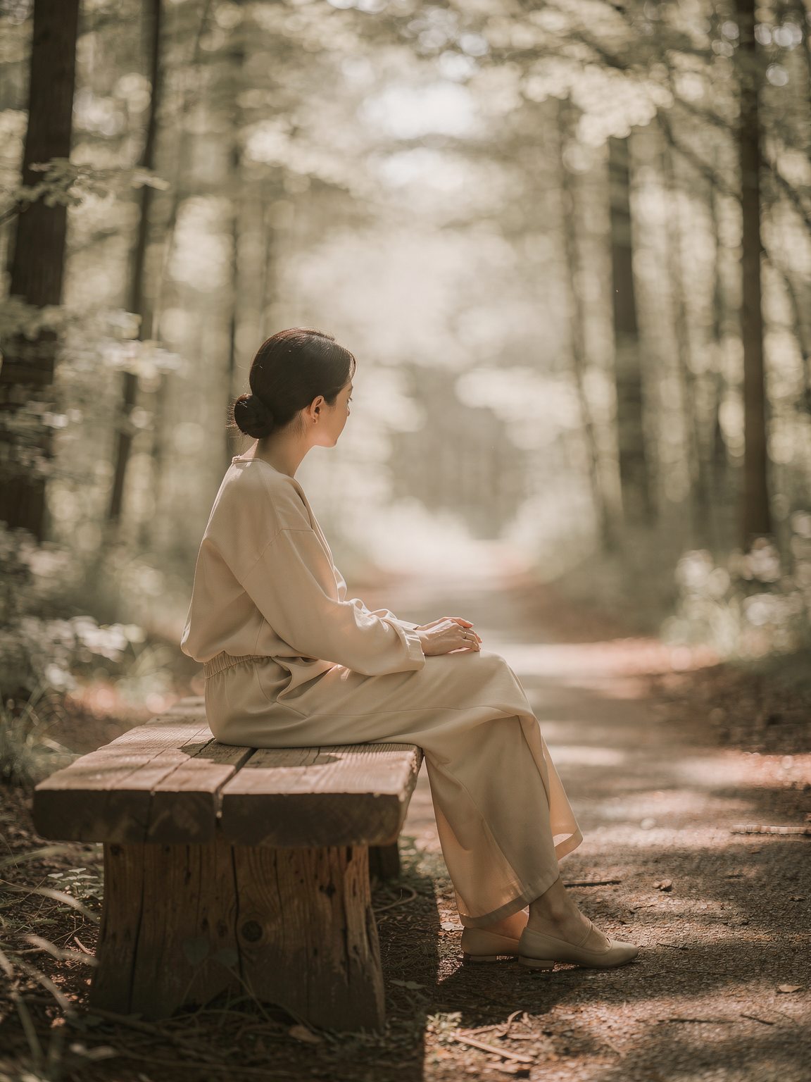 A person sitting quietly in nature, looking into the distance in soft light.