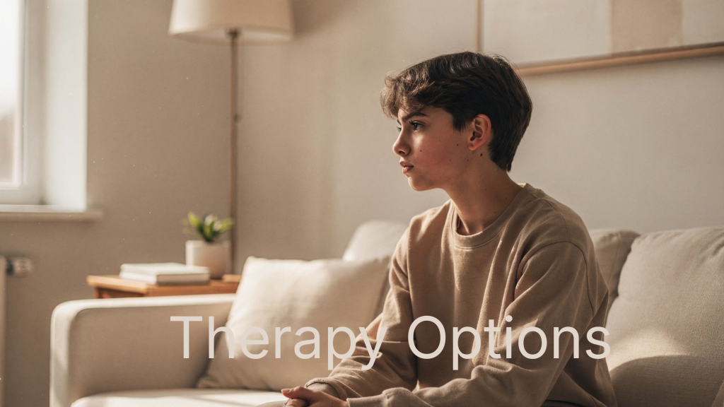 Finding the Right Counsellor for Your Teenager: A Parent's Guide A thoughtful teenager sitting on a comfortable couch in a therapy office, with a window in the background.