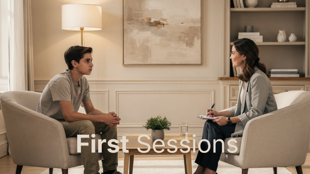 Finding the Right Counsellor for Your Teenager: A Parent's Guide A teen client seated across from a therapist in a professional, yet warm and inviting office setting.
