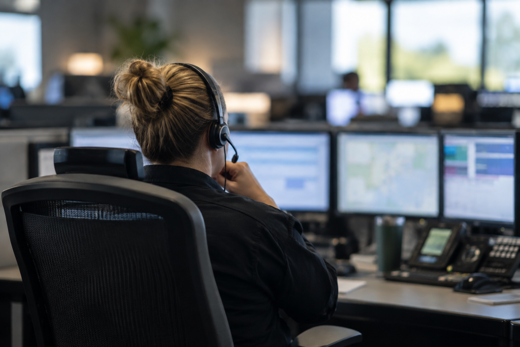911 dispatcher wearing a headset at a communications console during a quiet moment