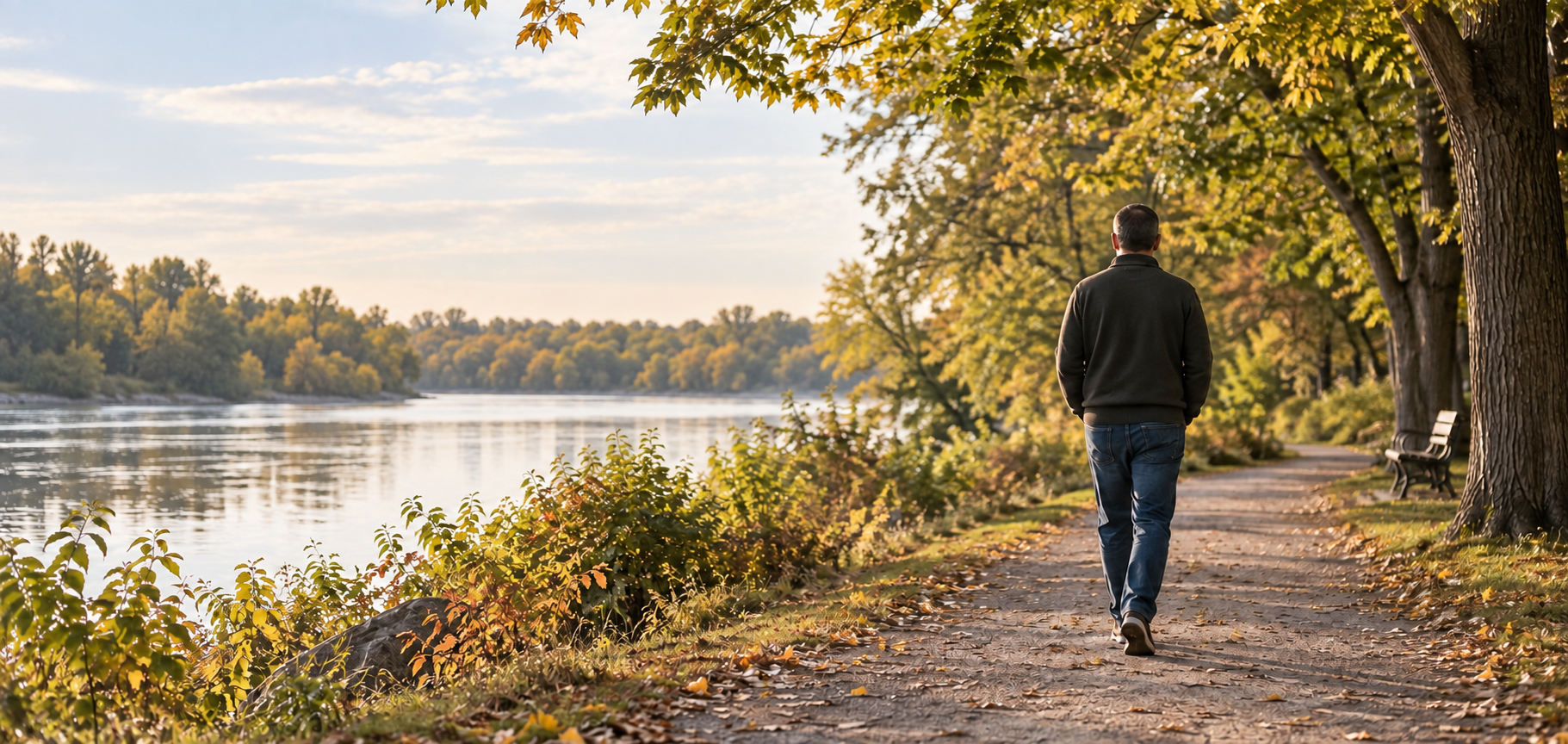 Person walking along a tree-lined riverside path in morning light