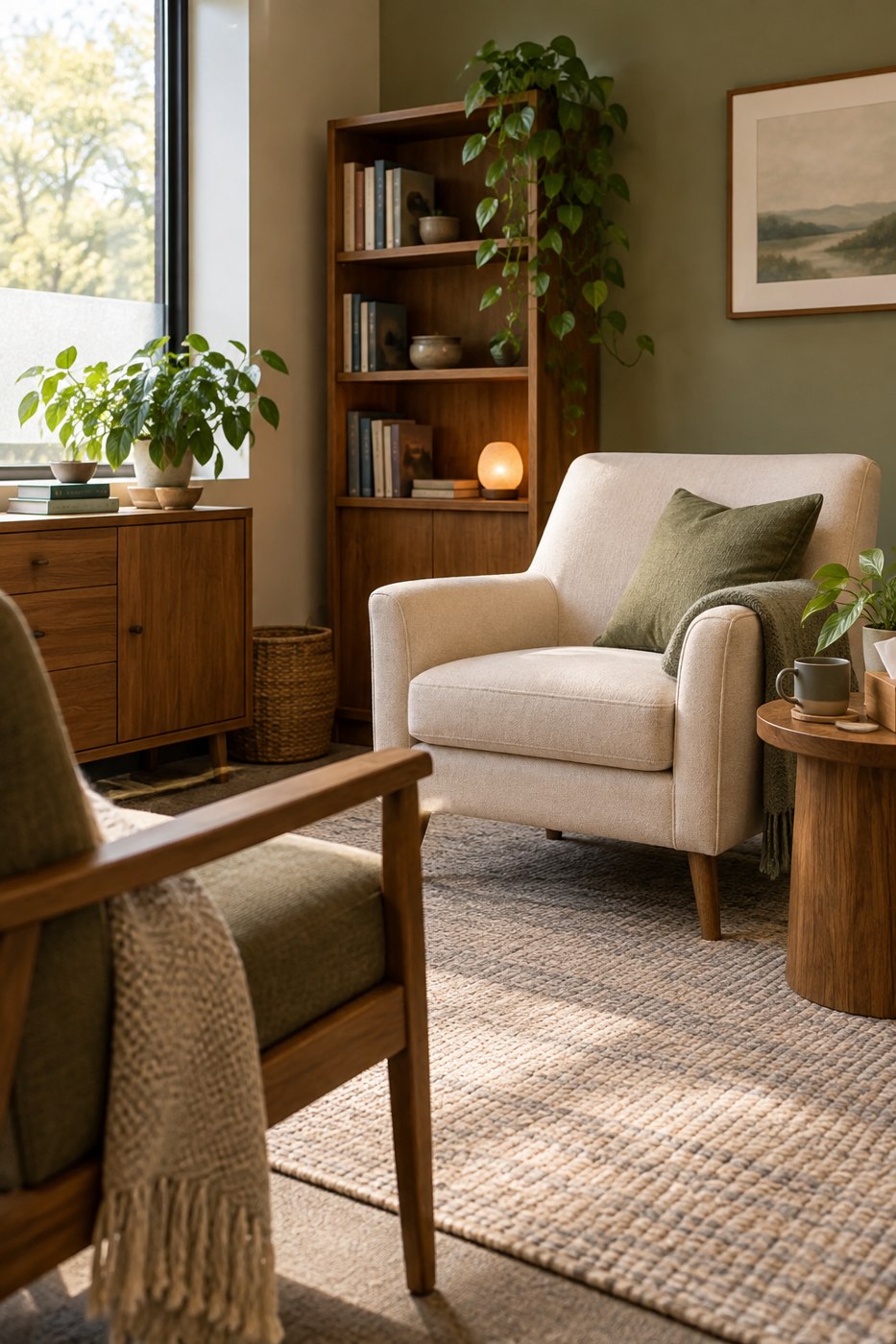 An illustrative counselling room with cream chairs, olive cushions, and natural light.