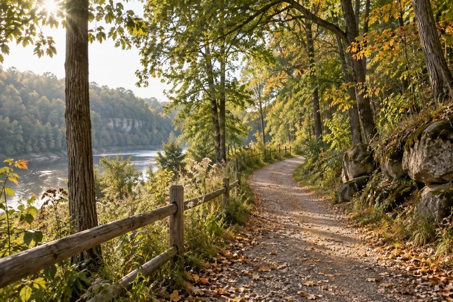 A quiet wooded path beside water in soft morning light.