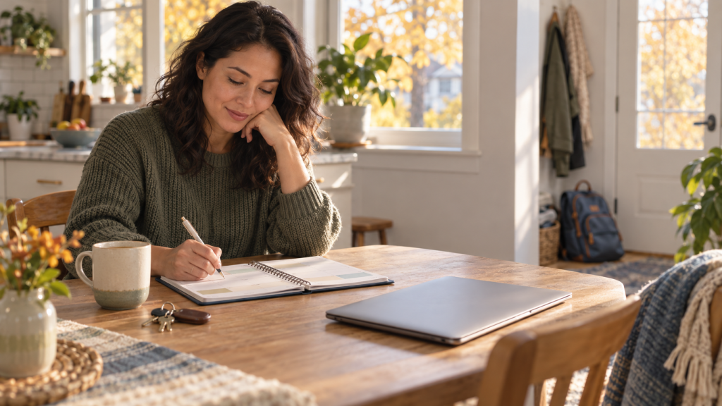 Adult planning a weekly routine at a kitchen table with a warm drink, laptop, keys, and autumn leaves in the background.