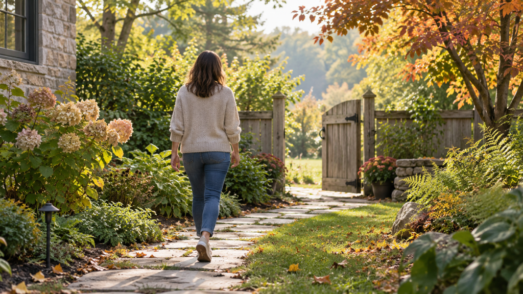 Person walking along a garden path toward an open wooden gate in soft autumn light.
