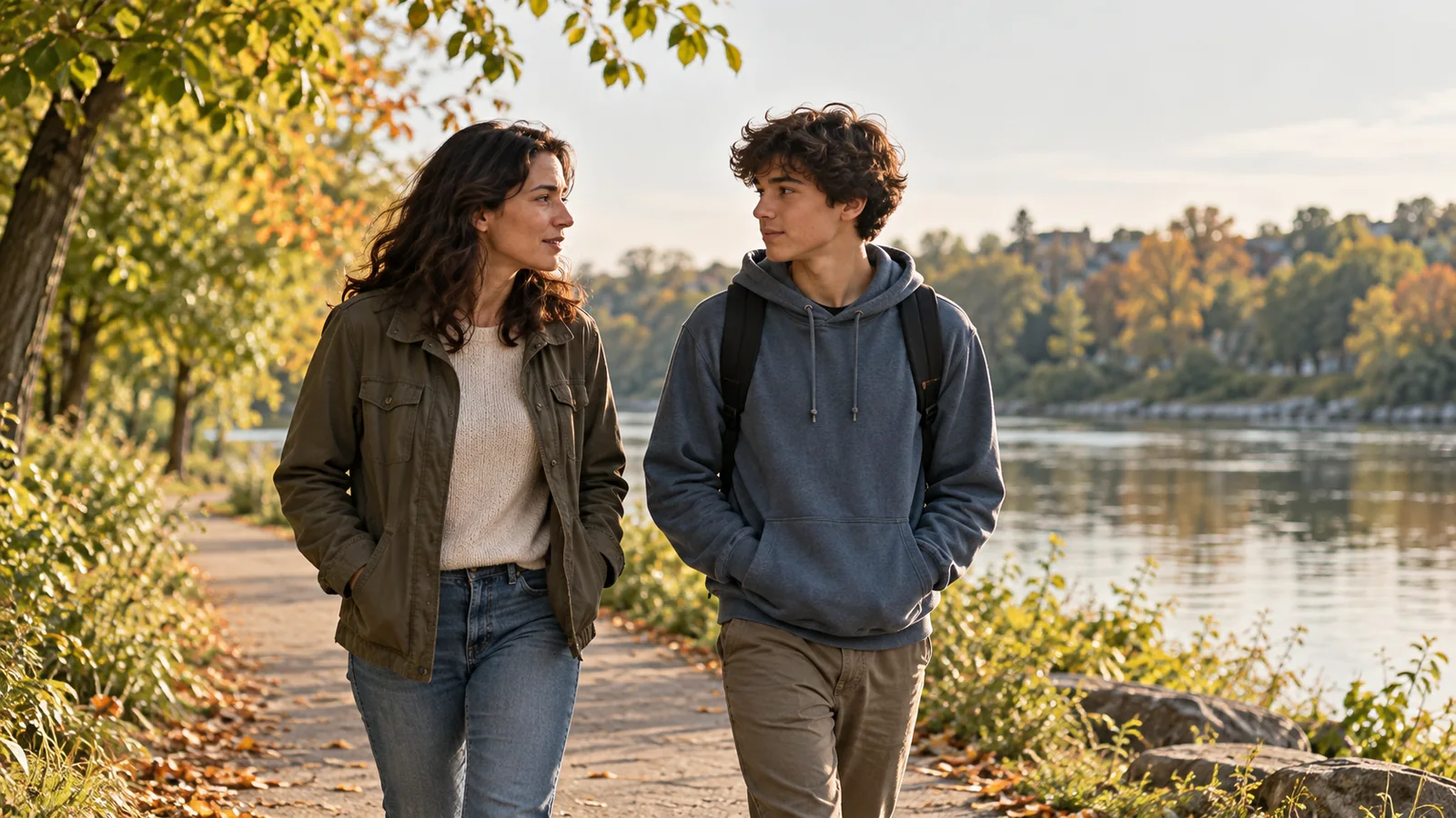 An adult and an older teenager talk while walking beside a river.