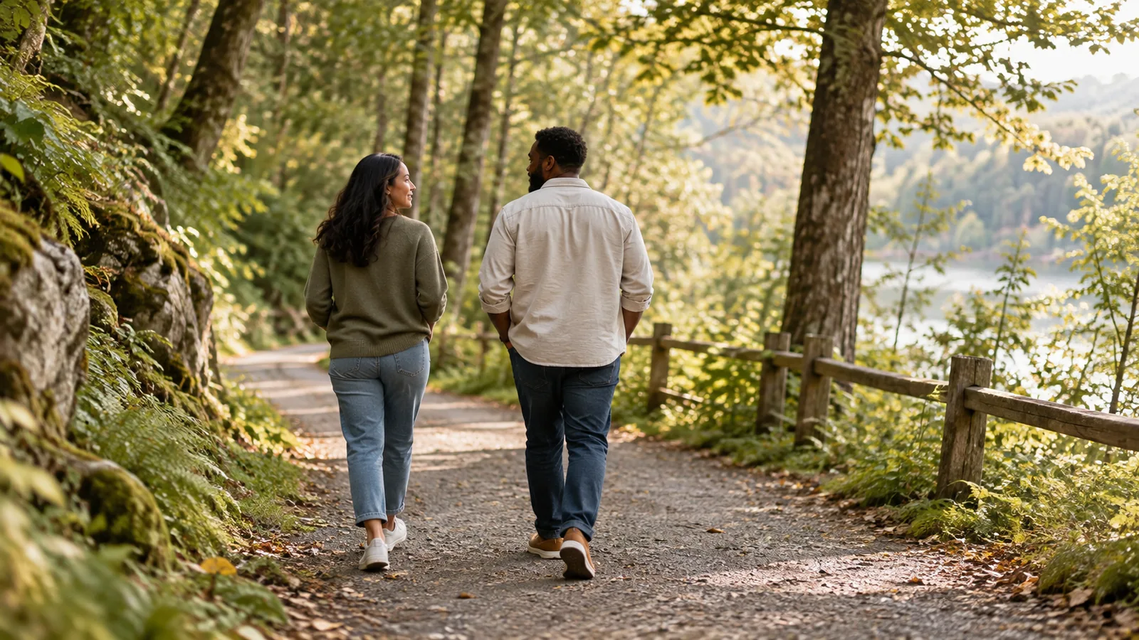 Two adults walk side by side in conversation along a tree-lined path.