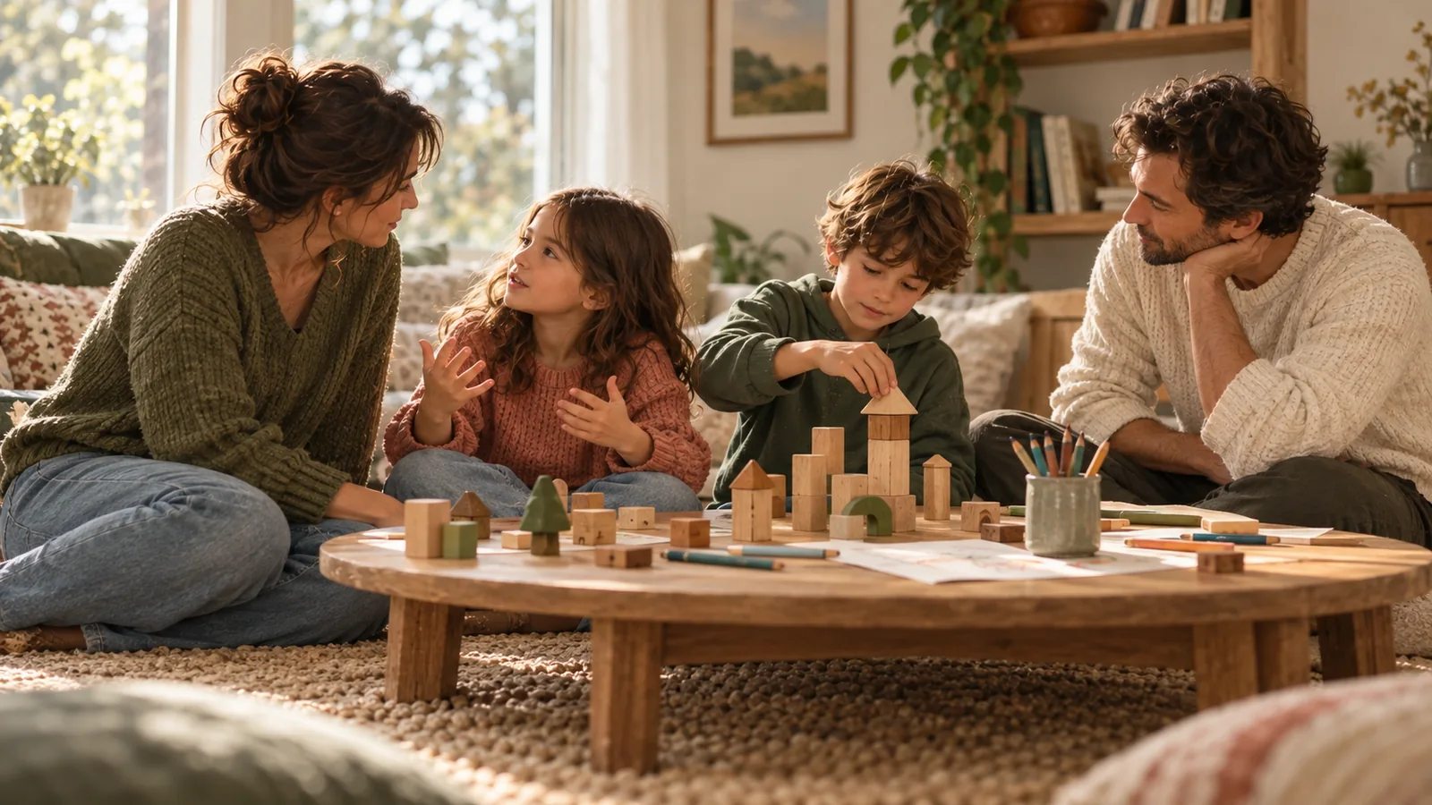 Two caregivers listen and play with two children around a low table with wooden blocks and drawings.