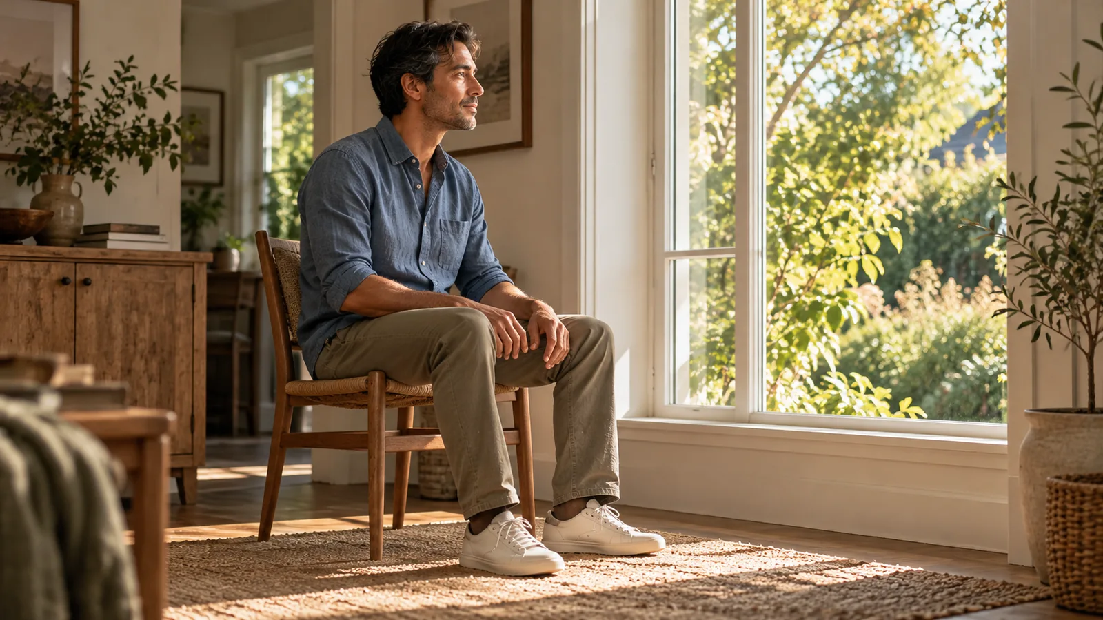 An adult sits on a wooden chair with feet on a rug, looking towards a leafy garden.
