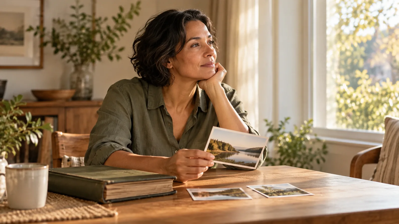 An adult holds a landscape photograph beside an album at a sunlit wooden table.