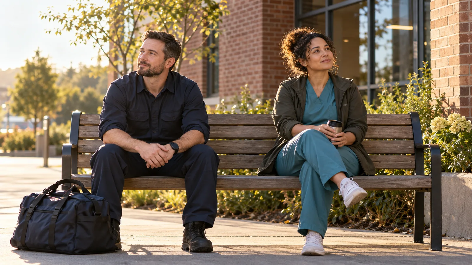 Two adults in navy workwear and teal scrubs sit on a bench outside a brick building.