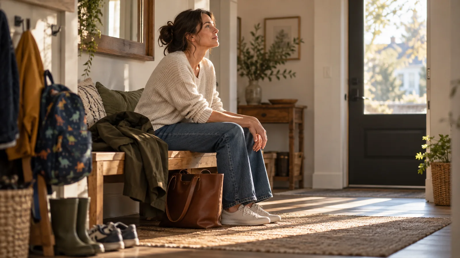 An adult pauses on an entryway bench beside a work bag and a child's backpack.