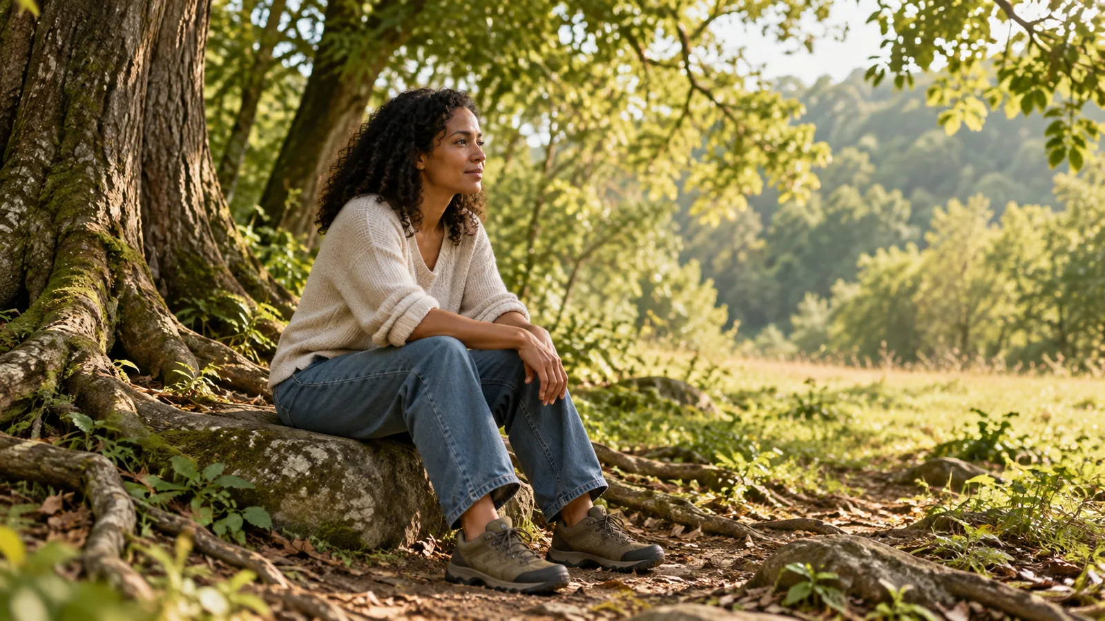 An adult sits beside exposed tree roots at the edge of a sunlit woodland clearing.