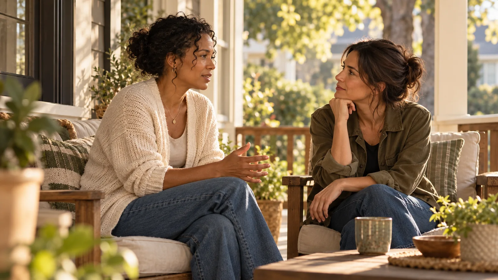 Two adults sit facing one another in conversation on a sunlit porch.
