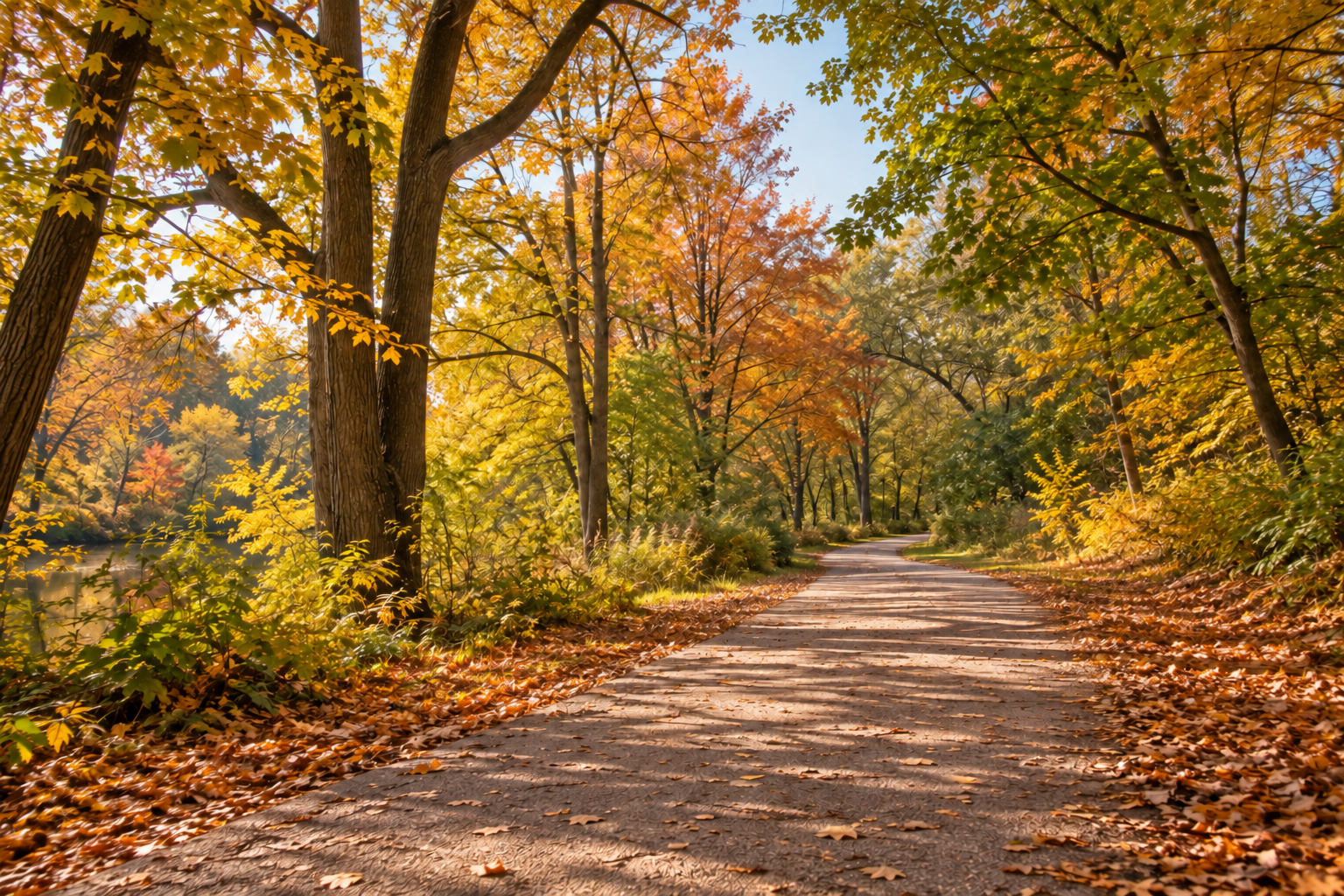 Sunlit paved path winding through trees with golden autumn leaves