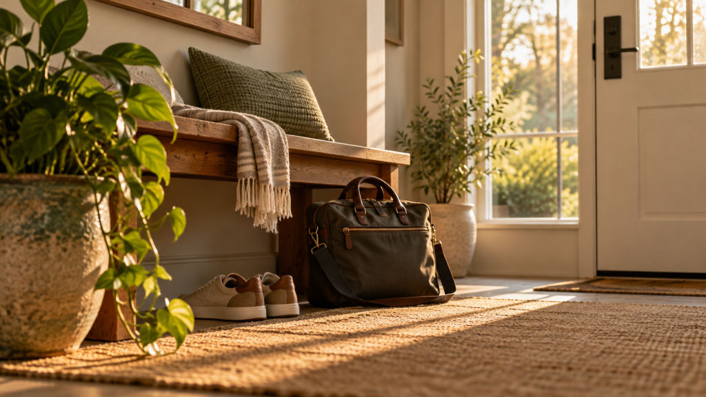 A work bag and shoes beside a bench in a sunlit entryway.